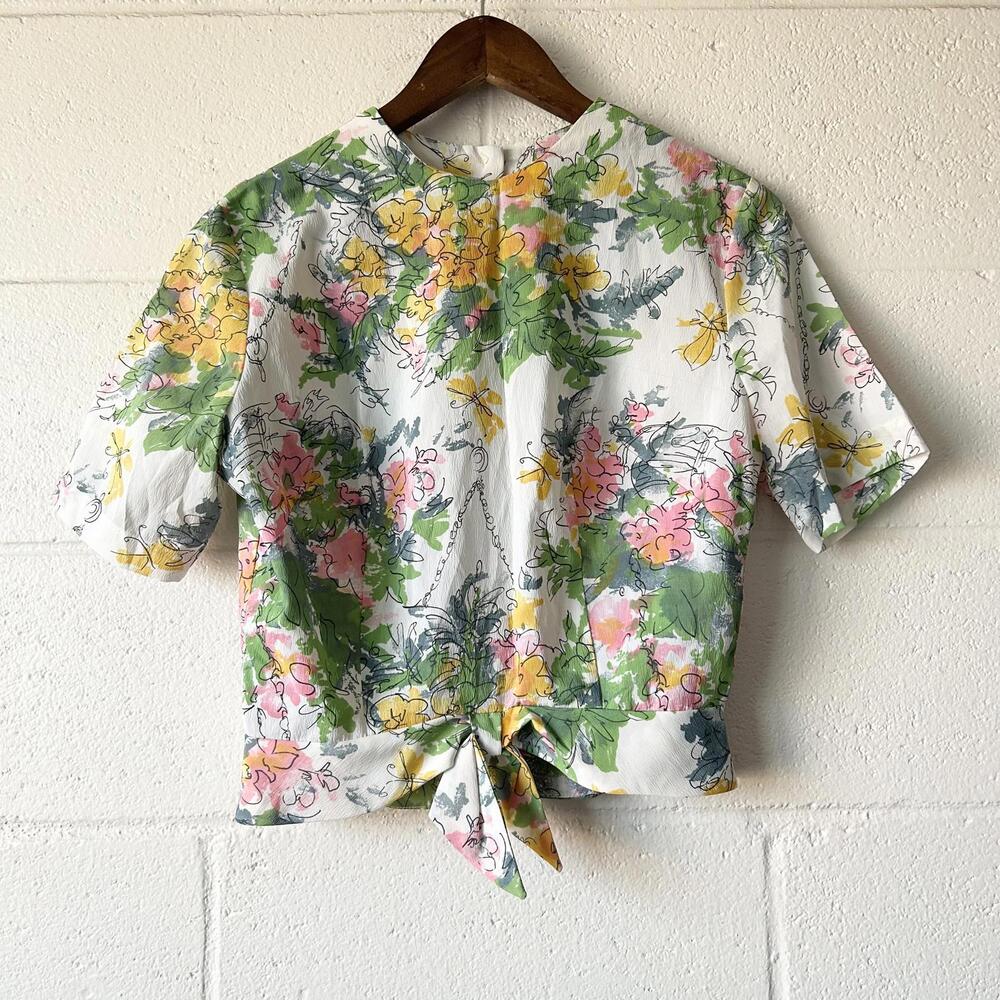 Vintage Fritzi Floral Short Sleeve Front Tie Blouse Top Women’s Medium Large